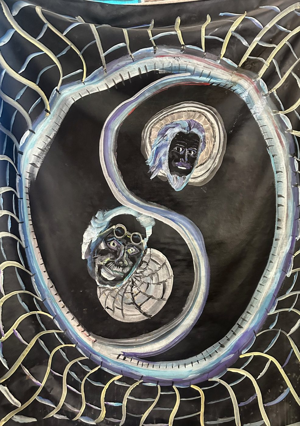 Acrylic painting of a serpent coiled around an eye inside a gold net