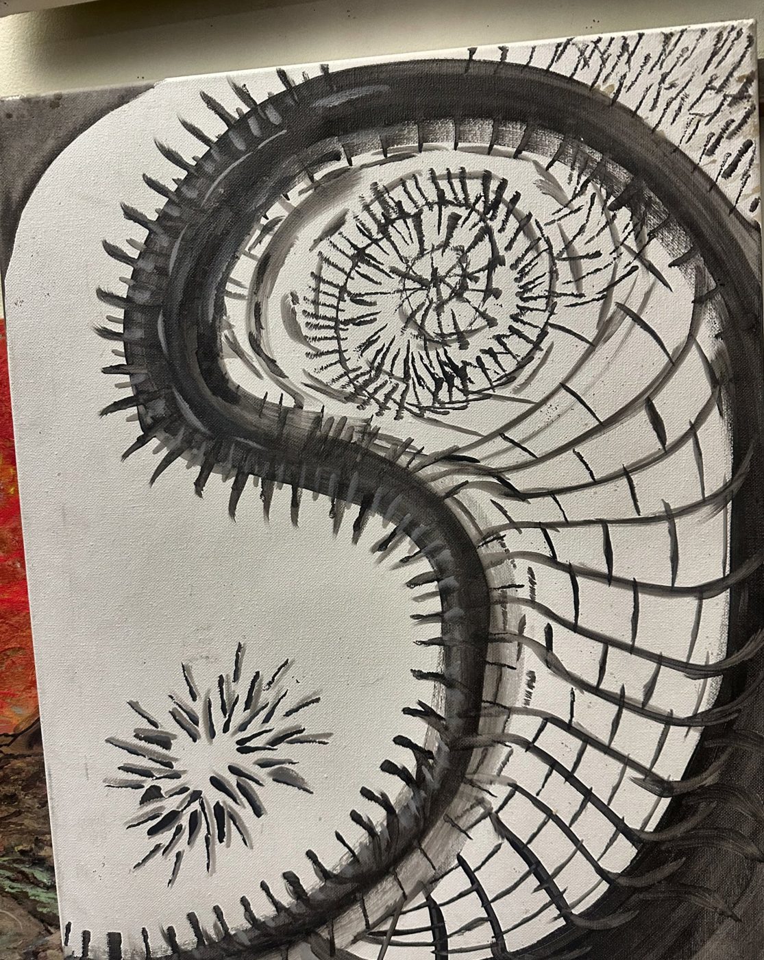 Acrylic painting of a black spiral shell form on white