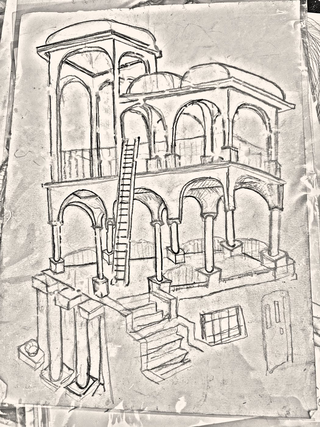 Pencil drawing of an impossible two-storey belvedere with a ladder passing through the structure