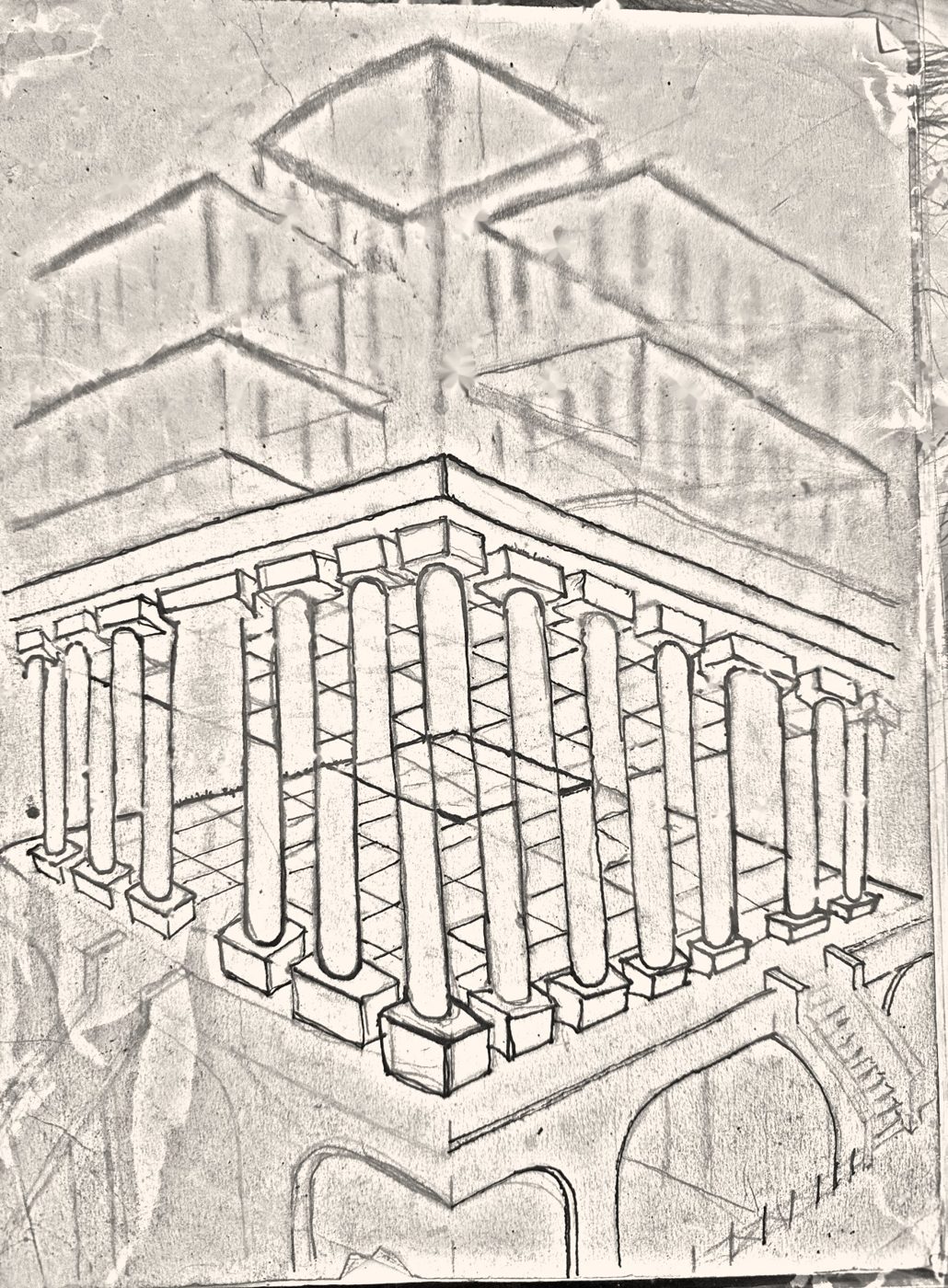 Pencil drawing of an impossible temple colonnade whose columns connect to the wrong levels
