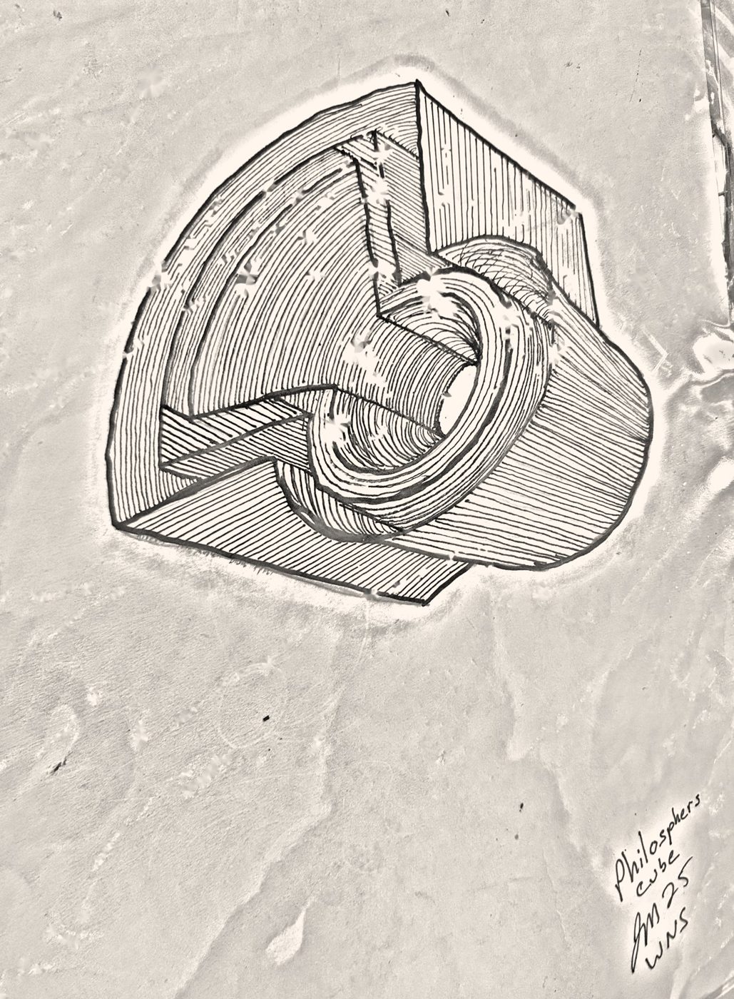 Pencil drawing of a folded impossible cube form with hatched faces