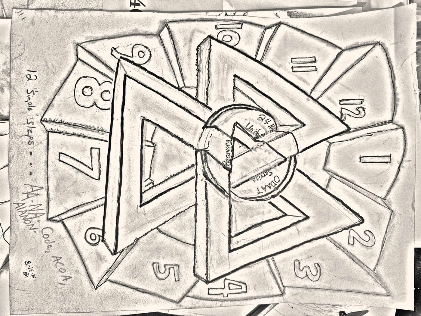 Pencil drawing of a Penrose triangle with clock numerals around it