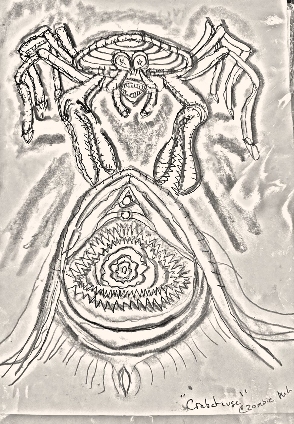 Pencil drawing of a crab above a large eye with teeth