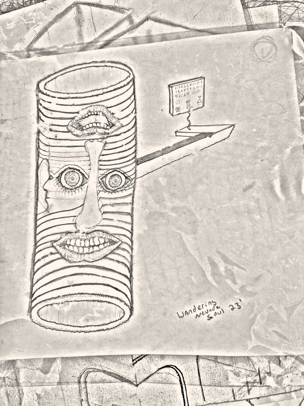 Pencil drawing of a cylindrical tiki figure beside a flat-screen television